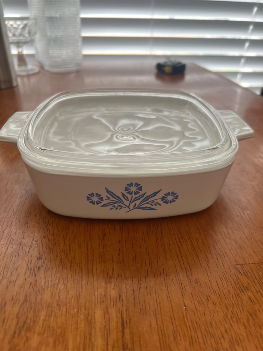 Corningware White Casserole with Blue Floral Design and Glass Lid 7”x7”